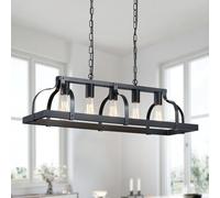 WUZUPS 5-Lustre en Métal Léger Imitation Grain de Bois Luminaire Suspension linéaire Éclairage de Plafond Rustique Ferme Robinet Cuisine Îlot Salle à Manger, Culot E27, Noir