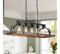 WUZUPS 5 Lustres Métal Léger Imitation Grain de Bois Lampe Suspension Linéaire Éclairage Plafond Rustique Ferme Robinet Cuisine Île Salle à Manger Socle E27 Noir & Bois Rétro