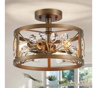 WUZUPS Lustre en Feuille de Cristal 3 lumières Vintage Ferme Industriel Semi-encastré Plafonnier Luminaire Moderne Foyer Couloir Salle de Rangement Cuisine Salle de Bain, H 22 L 30, Bronze huilé