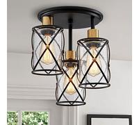 WUZUPS Lustre Semi encastré Industriel 3 lumières plafonnier Clair Abat-Jour en Verre ensemencé pour entrée Porche Foyer Cuisine Salle à Manger Salle de Bain, w29 h34, e27 Base Noir avec Laiton