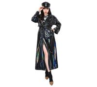 Wvapzxx Trench-Coat En Cuir PVC Souple Et Extensible Pour Femme, Extra Long, Noir, Holographique, Brillant, Extensible, Automne