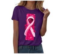 WVONIF Cancer du Sein Octobre Rose Ruban T-Shirt à Manches Courtes et col en V pour Femme - Tunique décontractée d'été à Rayures Teeshirt Coton Sportswear (Violet,L)