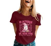 WVONIF Cancer du Sein Octobre Rose Ruban T-Shirt D'été à Manches Courtes pour Femme Col en V et Élégant Décolleté Dentelle Été Top Lâche Classique Blouse de Travail Basique pour l'Été (Vin,XXL)