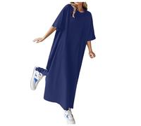 WVONIF Femme Maxi Robe T-Shirt Trapèze Mi-Longue de Plage Vacances Col V Florale Imprimé Pois Boho Décontractée Ample Midi Portefeuille (Marine, XXL)