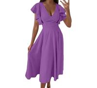 WVONIF Femme Robe de Eté Col en V Elégant Pois Volants Taille Haute Manches Courtes/Longues Décontractée A-Ligne Mini Robes Long Dress Long Maillot De Bain Couvrir Tunique Pas Cher Solde (Purple, XL)