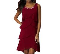 WVONIF Femme Robe Longue Été Boho Chic Femmes Robe D'été Manches Courtes Taille Empire Plissée Robe Évasée Décontractée au Genou avec Poches Robe Ceremonie （ Rouge, S