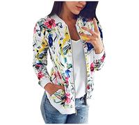 WVONIF Femmes décontracté Vintage imprimé fleuri poche zippée à manches longues veste manteau de dessus vêtements d'extérieur pour la maison vacances travail Manteau Type A Capuche (h-White, L)