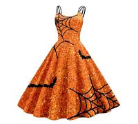 WVONIF Halloween Robe Femme Squelette Imprimé Robe Halloween Femme Noir Trapèze Mariage Cocktail Soirée Fête Cérémonie Décontractée au Genou Midi Halloween Costume Femme