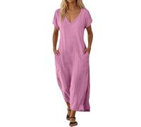 WVONIF Robe à Manches Courtes pour Femme Imprimé Floral Boho Elégant Mode Rétro Jupe De Plage Décontracté Col en V Femme Robe Manches Courtes Jupons Mode Floral Midi Corset Dress (#001 Rose, L)
