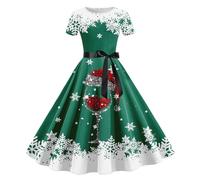 WVONIF Robe de Mère Noël Femme Imprimé Cerfs et Flocons de Neige Robe de Soirée Chic Noel Vintage Années 50s 60s Robes de Soirée Cocktail Mariage Fête Christmas Dress Père Noël Costume (1-Green, XXL)