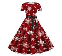 WVONIF Robe de Noël Femme Grande Taille Imprimé Cerf Robe Noel Grande Taille Robes Cocktail Mariage Vintage Casual Robes baptême col Rond Manches Longues Déguisements Mere Noel (c-Red, M)