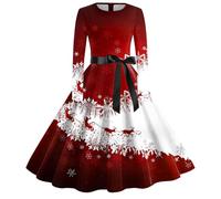 WVONIF Robe de Noël Femme Grande Taille Imprimé Cerf Robe Rockabilly Noel Automne Hiver Robes Pull Manches Longues Col Rond Tricot Robes avec Poches à Boutons Costume Père Noël Adulte (M)