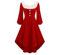 WVONIF Robe de Noël Femme Imprimé Verre à Vin Robe Sapin Noel Robes en Tricot avec Manches Bouffantes Automne et Hiver Col Rond Robes Tunique décontractée Deguisement Adulte Mère Noel (h-Red, M)
