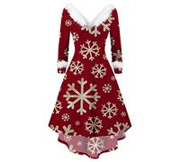 WVONIF Robe de Noël pour Femme Renne Flocon de Neige Arbre Robe Réveillon Noel Manches Longues Robes Pull à Col en V Mini Robes Hiver Décontractées Elegant Costume Père Noël Adulte (f-Red, L)