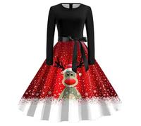 WVONIF Robe de Noël pour Femme Verte Imprimé Cerf Rigolo - Robe de Cocktail Vintage Rockabilly Manches Longues Col Carré Rétro Déguisement De Noël