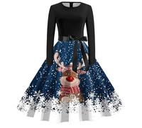 WVONIF Robe de Noël pour Femmes Impression de Verre À Vin Robe Noel Coton Manches Longues Col en V Robes Pull A-Line Automne et Hiver Robes de Soiree Mère Noel Déguisement Sexy (D-Blue, L)