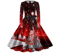 WVONIF Robe de Noël pour Femmes Nouveauté Rudolph Robe de Soirée Chic Noel Robes Cocktail Mariage Vintage Casual Robes baptême col Rond Manches Longues Déguisement Pere Noel (Red-t, XXL)