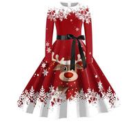 WVONIF Robe de Noël pour Femmes Renne Flocon de Neige Arbre Robe Noel Rouge Manches Longues Col en V Robes Pull A-Line Automne et Hiver Robes de Soiree Déguisement Mère Noël (C-Red, S)