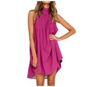 WVONIF Robe de Plage Coton Femme Robe Été Mi-Longue avec Poche sans Manches Plissé Bretelles Col V Cocktail de Soirée Plage Chic Florale Tailleurs-Robes Femme （ Rose Vif, S