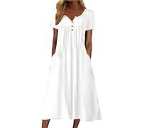 WVONIF Robe de Plage Femme Ete Courte Col V Robe Droite Fluide Manches 3/4 Robe Mi Longue Chemise Tunique Bohème A-Line Robe Volant Sexy Chic Rétro Robe de Plage Cocktail Robe de Mariée Grande Taille
