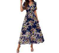 WVONIF Robe de Soirée Cocktail Longue Asymétrique pour Mariage Invité Bal de Promo Anniversaire Cérémonie en Mousseline de Soie Flower Evening Dress Long Tendance (b-Marine,XL)