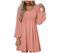 WVONIF Robe décontractée à Smocks et col Ras du Cou pour Femmes 2024, boutonnée, Manches Longues, Taille Empire, Mini-Robe trapèze Femmes Robe Été De Plage