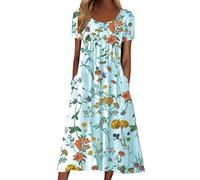 WVONIF Robe D'été Longue pour Femme Robe De Plage Longue Decontractée Imprime Manche Courte ÉTé Boho Maxi Grande Taille Élégante Casual Dress Plissée pour Femmes avec Poches Robe de Soirée Longue