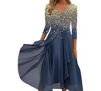 WVONIF Robe d'Invité de Mariage Femme Longueur Manches Volantées Plissé Mousseline Au Genou Col Rond Robes de Soirée Élégante Long Dress for Women Maillot De Bain Couvrir Tunique 2025 （Or,XL）