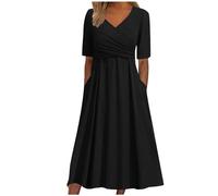 WVONIF Robe Droite Mi Longue Femme Ete T-Shirt Robe Trapèze Mi-Longue Robe de Plage Vacances Col V Florale Imprimé Pois Boho Décontractée Robe Ample Midi Robe Robe Femme Ronde ( Noir, L