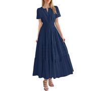 WVONIF Robe Ete Femme Midi Col V Boheme avec Poches Manches à Volants Coton Robes De Plage Chic et Elegant Longueur Genou Décontracté Casual Women's Dresses Pas Cher Solde (2B Marine,L)