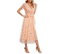 WVONIF Robe Ete Femme Midi Col V Boheme avec Poches Manches à Volants Coton Robes De Plage Chic et Elegant Longueur Genou Décontracté Casual Midi Dresses for Women Pas Cher (7G Rose Gold,L)