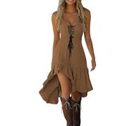 WVONIF Robe Femme Chic Et Elegant Plage Mi Longue Été Ete D'été Elegant Sexy Summer Bohème 2025 Fluide Boheme Robe Womens Tea Dresses Cache Couvrir Beach Maillots de Bain Cover Up Tendance(Café,M)