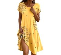WVONIF Robe Femme d'été Mi-Longue à Manches Courtes Robes aux Genoux Ample Décontractée Style Empire avec Poches Flower Evening Dress Long Couvrir Beach Maillots de Bain Cover Up Tendance(Jaune,S)