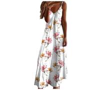 WVONIF Robe Femme Ete Coton Licou Wrap Maxi Longue Robe Florale découpée smockée ajustée Taille Plage Vacances Robe Maxi Longueur Robe de Témoin de Mariage ( Rose, XL