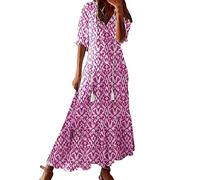 WVONIF Robe Femme Ete Mi Longue Fluide de Soirée Chic Casual Manches Longues Imprimé Floral Col V Maxi Printemps Été Vintage Élégant Boho de Plage Rose Poudré