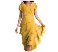 WVONIF Robe Femme Ete Robe Robe D'Été Femme Imprimé Floral Boho Elégant Mode Rétro Jupe De Plage Décontracté Col en V Femme Robe Manches Courtes Jupons Robe de Soiree Femme Grande Taille ( Jaune, XL