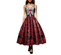 WVONIF Robe Halloween Femme Citrouille Squelette Imprimé Robe de Soirée Chic Vintage pour Cocktail Mariage Bal Promo Col en V Manches Courtes Tenue de Festival Costume Halloween Adulte (Rouge #1, S)