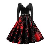 WVONIF Robe Halloween Imprimé Sanglant Deguisement Halloween Robe Femme Robe de Cocktail Vintage élégante Col Rond Jupe Plissée Rétro Rockabilly Années 50 Robe de Soirée Déguisement Halloween