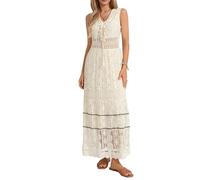 WVONIF Robe Longue Femme Ete Boheme Chic Blanche Cocktail Polyester Fleur Grande Conception Robe Tunique Femmes Cintrée Manche Courte Doux Smocké Robe pour Mariage Invité Chic ( Beige, S