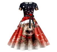 WVONIF Robe Mère Noël Femme Drôle Rudolph Renne Imprimé Robe Mère Noel Robes Tunique Mini Robes Col en V Automne Hiver Longueur au Genou Casual Retro Respirant Déguisement de Père Noël (S)