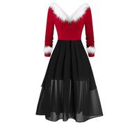 WVONIF Robe Mère Noël Femme Renne Imprimé Robe Sexy Noel Hiver Manches Longues Col Rond A Line Robes Pull Automne Chic et Elegant Taille Haute Genou Robes Costume Déguisement Mere Noel (Red-A, XXL)