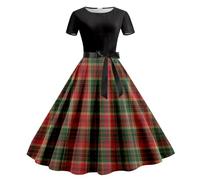 WVONIF Robe Mère Noël Femme Robe Coton Noel Motif de Noël Robe de Noël Robe de Cocktail Vintage élégante Col Rond Déguisement Noel Rétro Rockabilly Années 50 Robe de Soirée Costume Adulte Mère Noël