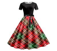 WVONIF Robe Mère Noël Femme Robe Coton Noel Motif de Noël Robe de Noël Robe de Cocktail Vintage élégante Col Rond Déguisement Noel Rétro Rockabilly Années 50 Robe de Soirée Costume Adulte Mère Noël