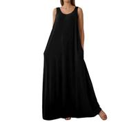 WVONIF Robe Mi Longue Femme Bohème Col Rond sans Manches Impression Maxi Robe Mode Décontractée Longue Elegante De Plage Tendance Night Dress for Women (Le Noir,3XL)