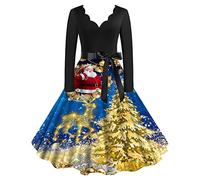 WVONIF Robe Noël Femme Chic Robe Moche Noel Imprimé Ugly Christmas Robe Mère Noël Robe Cocktail Mariage Vintage Robe Casual Femme Robe baptême col Rond Manches Longue Déguisement Père Noël Adulte