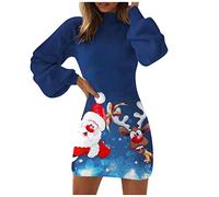 WVONIF Robe Noël Femme Chic Verte Renne Imprimé Rigolo Cocktail Mariage Vintage Casual Baptême Col Rond Manches Longues Père Noël Costume