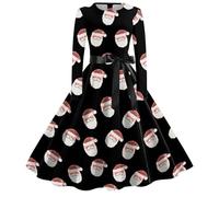 WVONIF Robe Noël Femme Imprimé Cerf Robe Reine des Neiges Noel Robes Pull Tricotée Col Rond Basique Automne Hiver Slim Élastique en Tricot Élégante avec Manches Longues Père Noël Costume (D-Black, M)