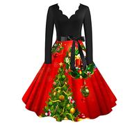 WVONIF Robe Noël Femme Robe Moche Noel Automne Hiver Robe De Noël pour Femme Robe Cocktail Mariage Vintage Robe Casual Femme Robe baptême col Rond Manches Longue Costume Père Noël Professionnel
