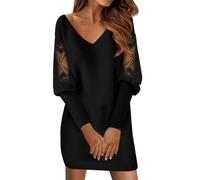 WVONIF Robe Patchwork en Dentelle imprimée à Manches Longues et col en V pour Femmes Parfum De Femmes Petite Robe Noire