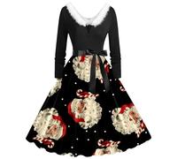 WVONIF Robe pour Noël Femme Bonhomme de Neige Robe Longue de Noel Trapèze Mariage Cocktail Soirée Fête Cérémonie Décontractée au Genou Midi Robes Vêtements Lutin Farceur de Noël (Black-n, XXXXXL)
